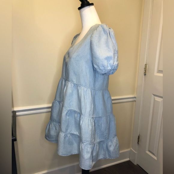ZARA Blue V-Neck Short Puff Sleeve Babydoll Dress w Tiered Skirt Sz MD - Picture 6 of 16